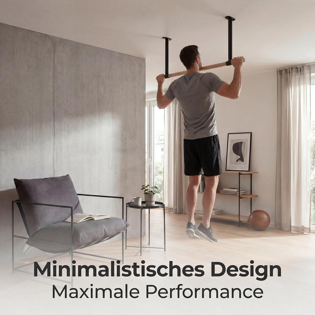 Klimmzugstange Decke - stilvolle Pull Up Bar aus Holz zur festen Deckenmontage - platzsparendes Desi