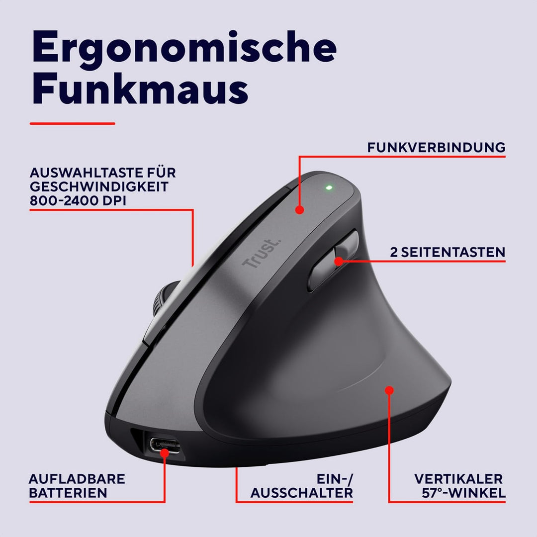 Trust Yuno Wiederaufladbare Vertikale Maus, Kabellose Ergonomische Maus 2.4GHz, Vorbeugung Gegen Mau