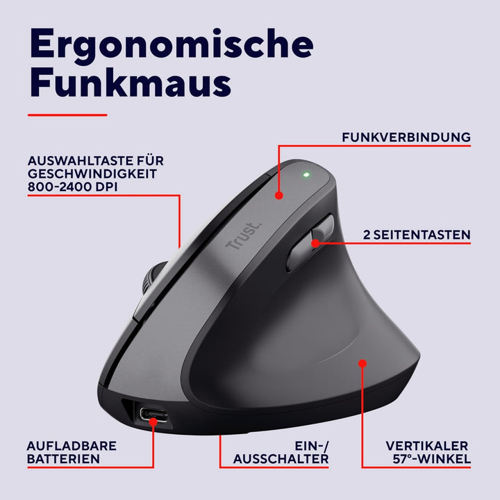 Trust Yuno Wiederaufladbare Vertikale Maus, Kabellose Ergonomische Maus 2.4GHz, Vorbeugung Gegen Mau
