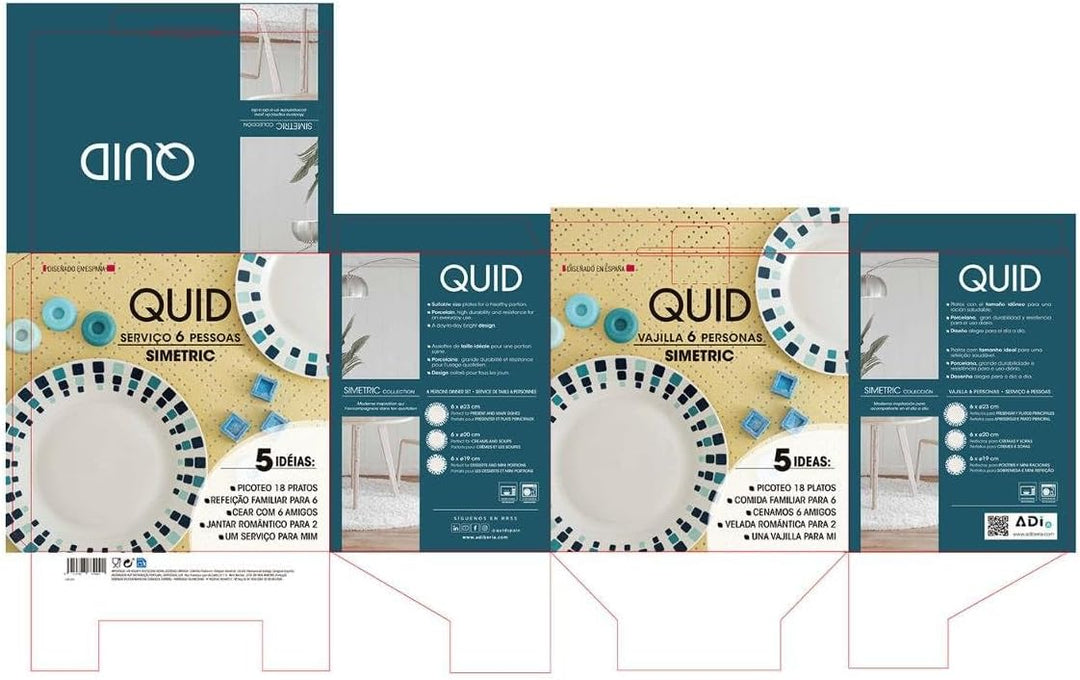 Quid Simetric Geschirrset aus Porzellan, 18 Stück - 6 Personen, Weiss