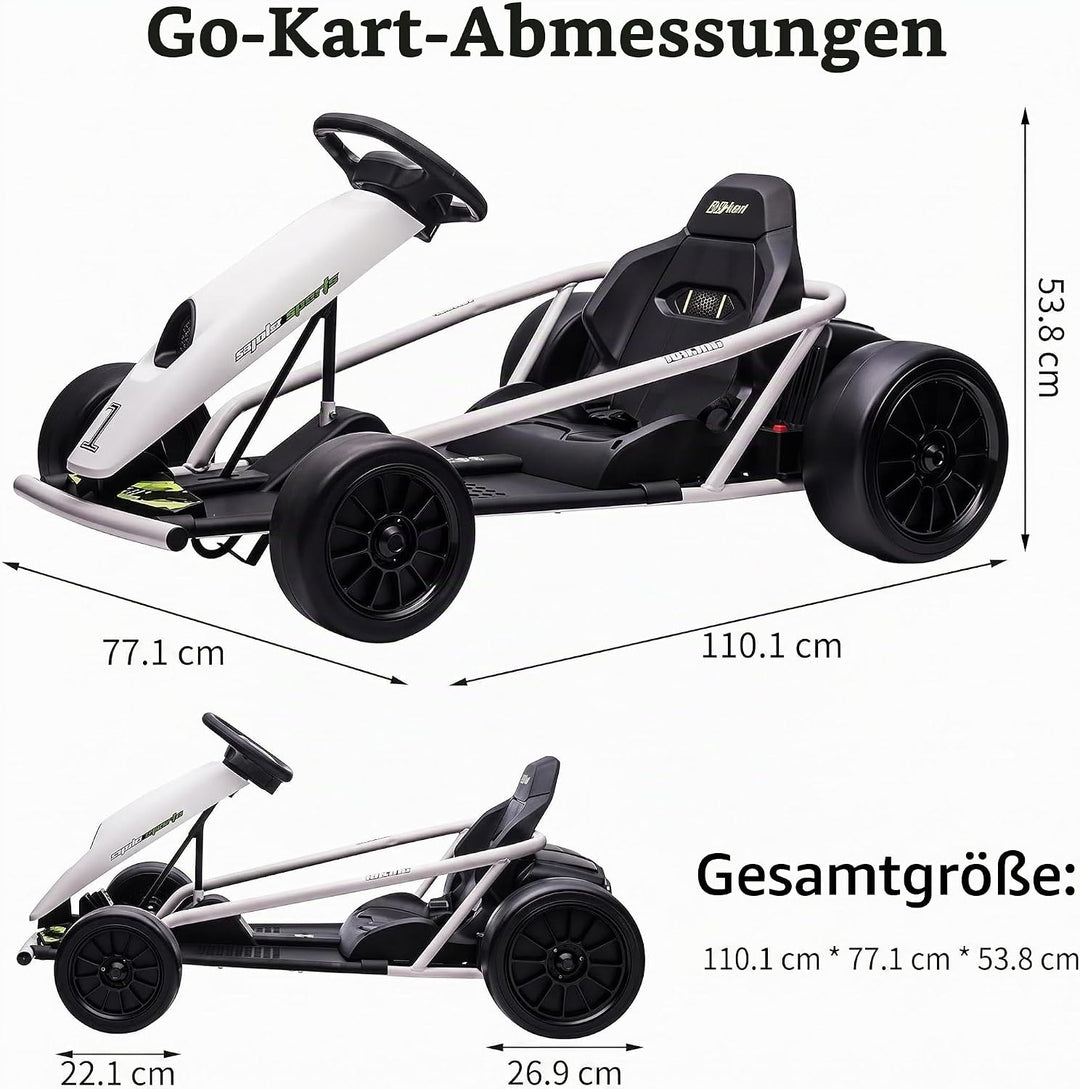 Elektrisches Go-Kart Weiss 24V für Kinder, Drift Kart mit 2×12V 9Ah Akku, Verstellbarem Sitz, Vor- u