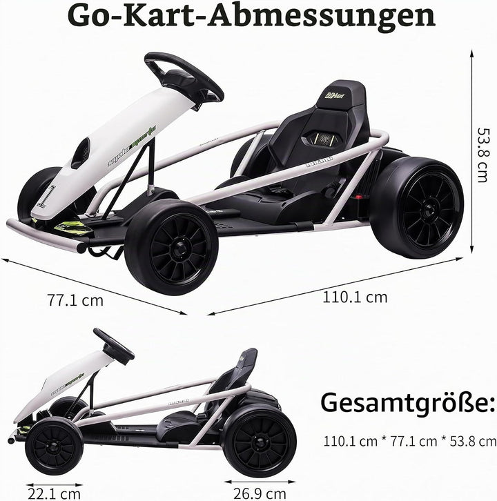 Elektrisches Go-Kart Weiss 24V für Kinder, Drift Kart mit 2×12V 9Ah Akku, Verstellbarem Sitz, Vor- u