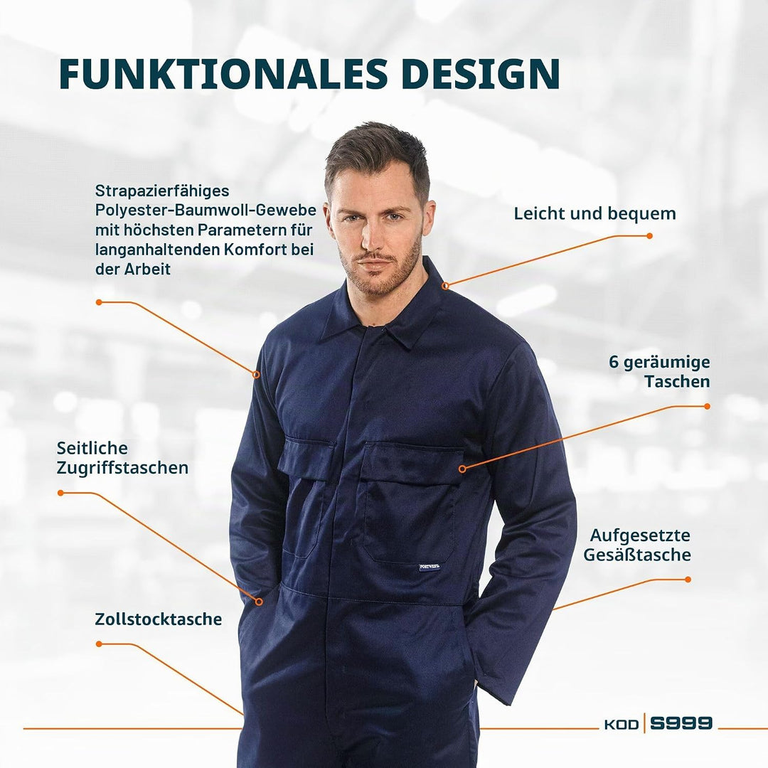 Portwest Euro Work Polykatoen Overall, Royal Blau, M Royal Blau M Normale Hosenlänge, Royal Blau M N