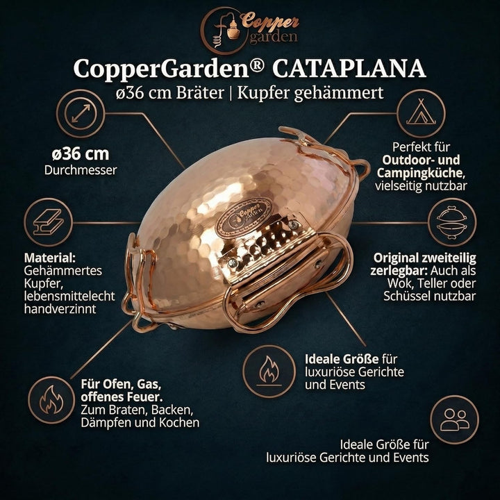 CopperGarden® Cataplana Bräter aus handverzinntem gehämmerten Kupfer mit ca 36 cm Durchmesser I Port