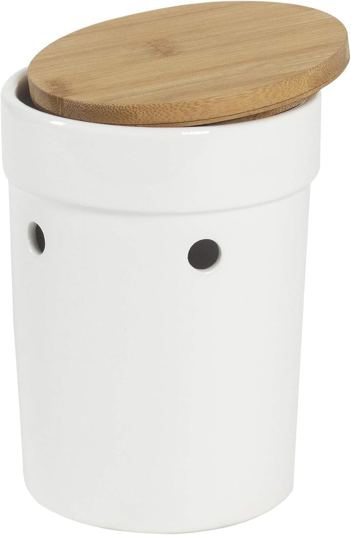 kela Knoblauchtopf Salena, Durchmesser 12 cm, Keramik, weiss, rund, abnehmbarer Bambusdeckel, seitli