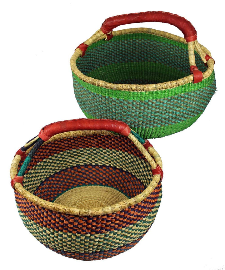 Bolga Korb, Steppengras bunt mit Lederhenkel, sortiert, ca. 40-45 cm