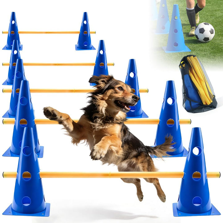 Agility Set Hunde Klein Pylonen Kinder Steckhürdenset mit 10 Kegel + 5 Stangen, Einstellbare Trainin