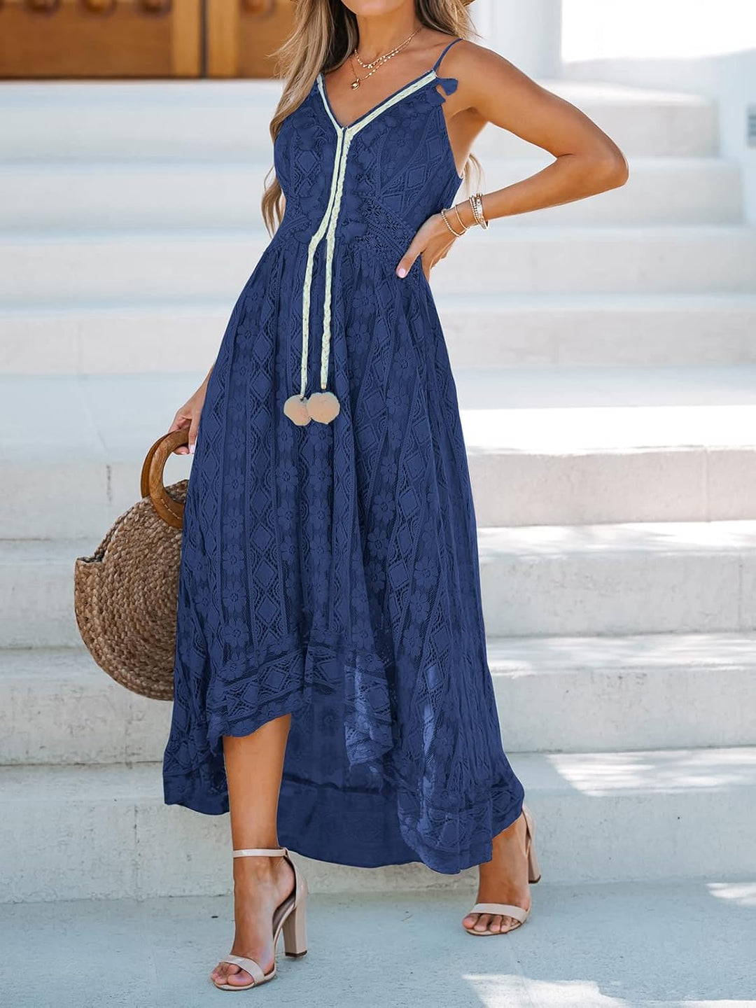 CUPSHE Damen Sommerkleid V Ausschnitt Floral Spitze Quasten Spaghetti Trägerkleid Freizeitkleider Hi
