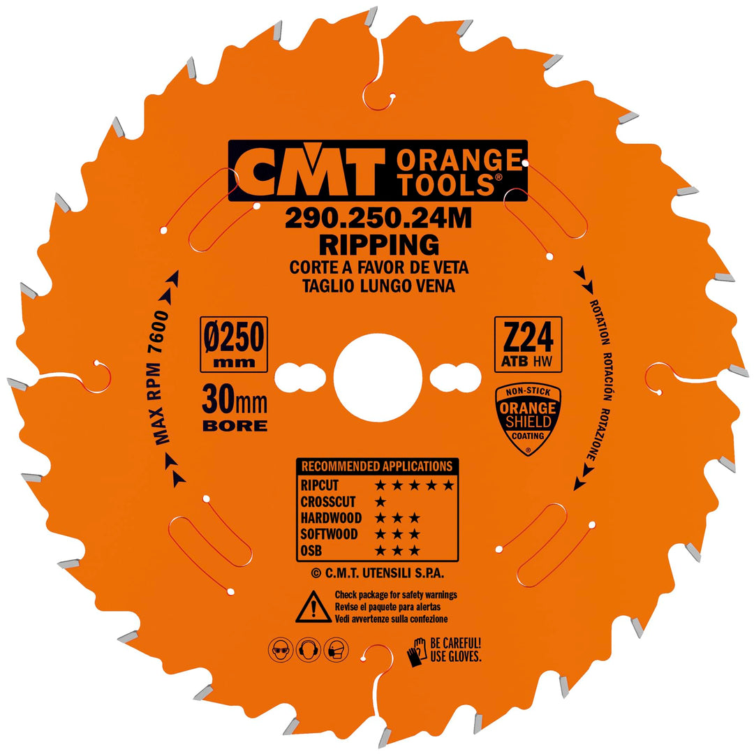 CMT Orange Tools Kreissägeblatt HW 250 x 2,8 / 1,8 x 30 Z=24 10° ATB - 290.250.24M - für Längsschnit