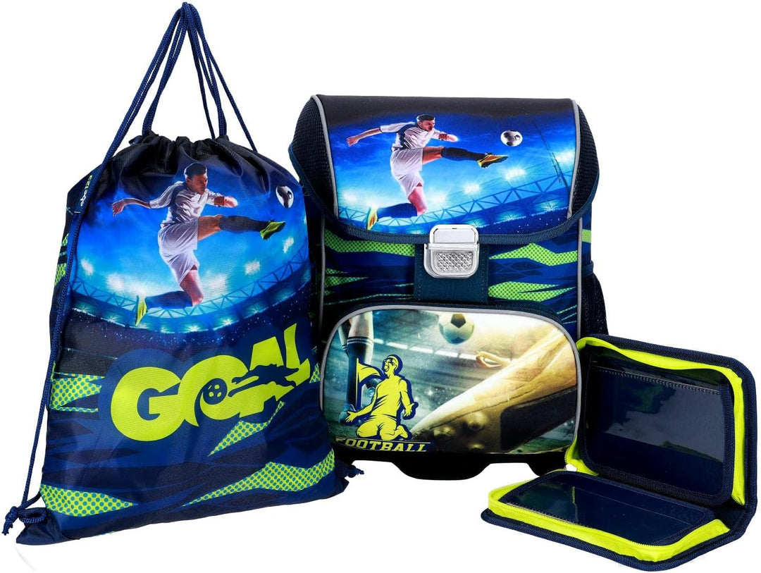 SCOOLSTAR Fussball Schulranzen Schultornister Junge 1 Klasse Schulrucksack Schultasche | SET 3 tlg.