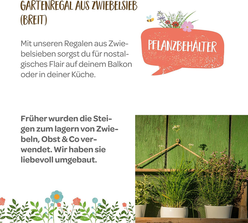 Die Stadtgärtner – Gartenregal aus rustikalem Zwiebelsieb (breite Version) I Hochwertiges Blumen- &