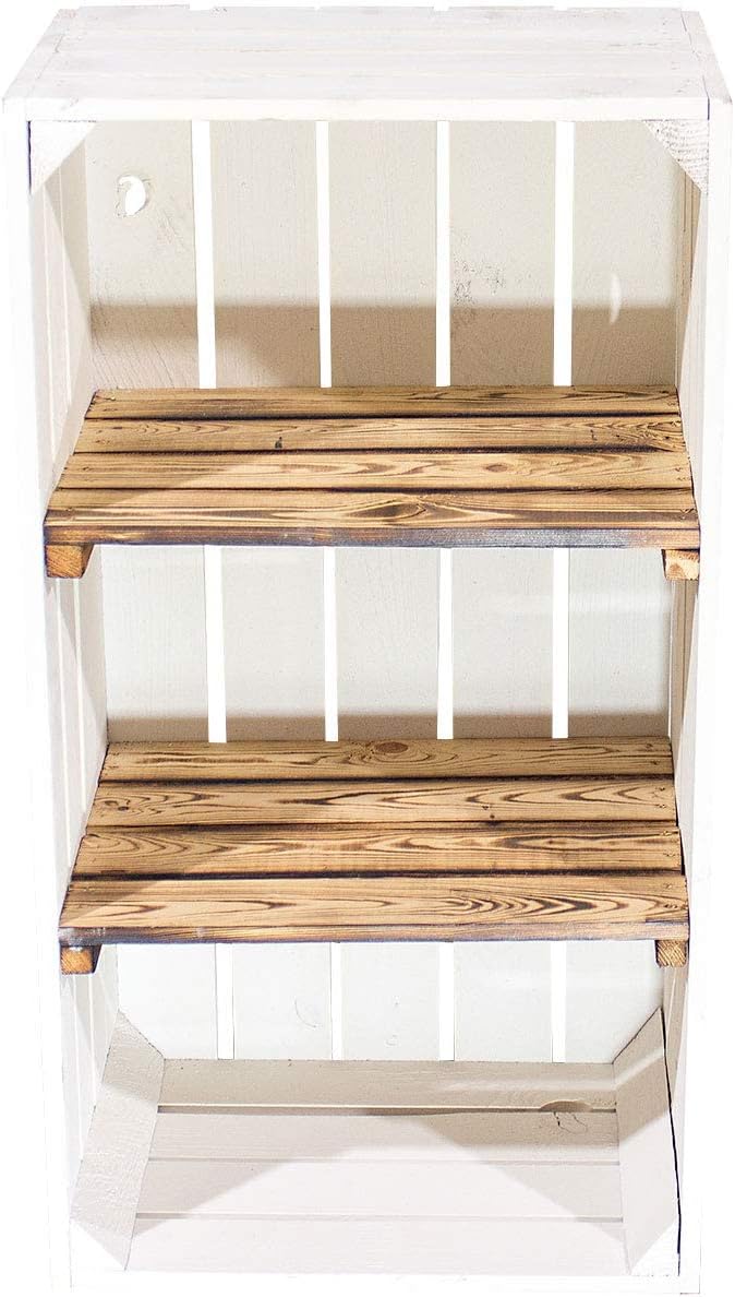 Weisse Holzkiste mit 2 geflammten Mittelbrettern 68cm x 40cm x 31cm Zwischenbretter flambiert Obstki