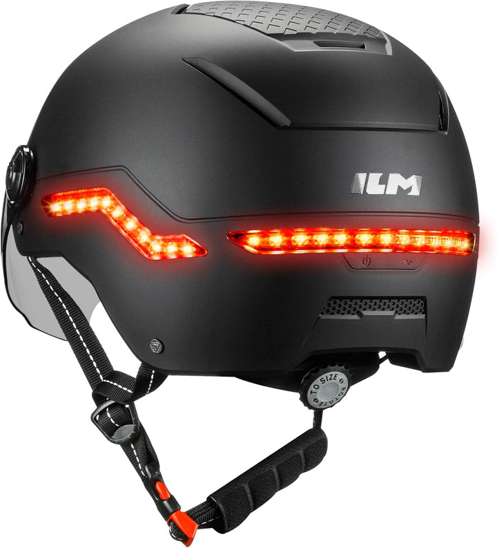 ILM Fahrradhelm Herren Damen mit Visier und LED Licht Beleuchtung Automatischem G-Sensor für Blinker