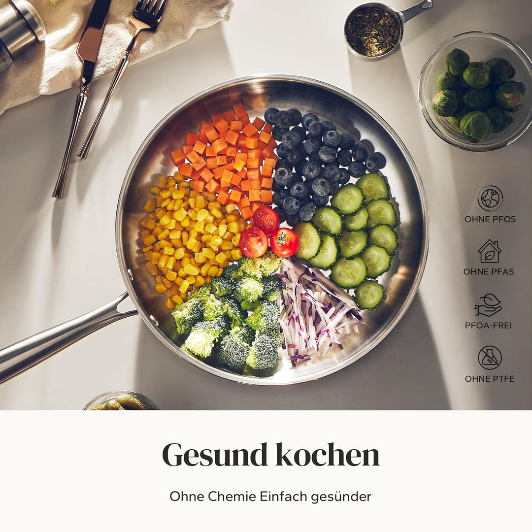 Redchef Bratpfanne 28 cm, Edelstahlpfanne unbeschichtet mit genieteter Griff, Edelstahl, Induktionsg