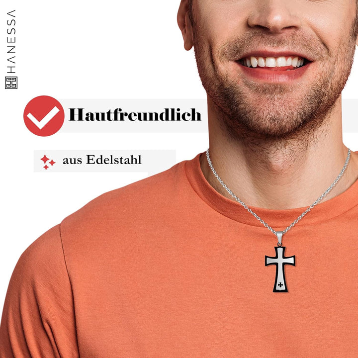 Hanessa Personalisierte Kette mit Gravur Edelstahl 45-60 cm mit Anhänger Kreuz in silber und schwarz