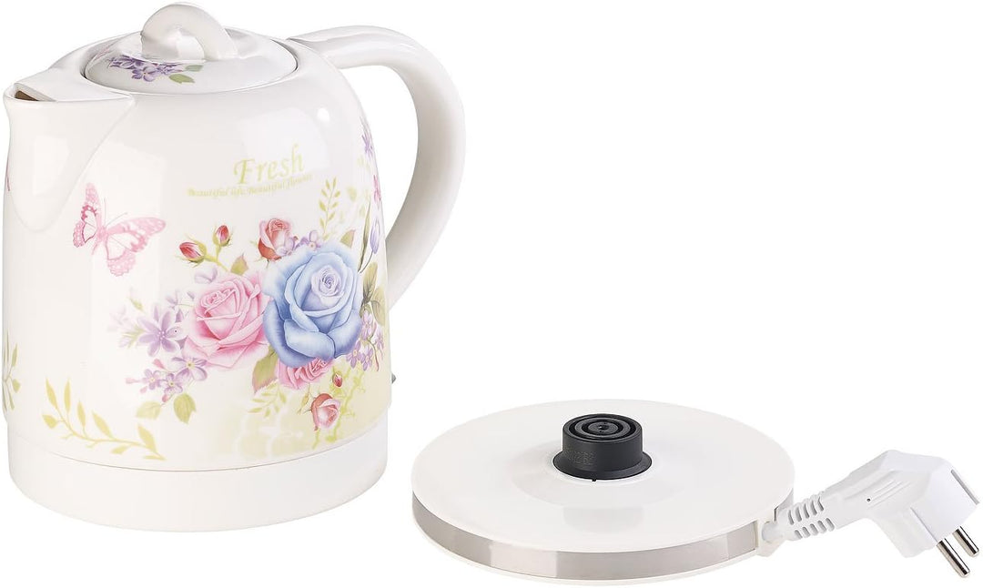 Rosenstein & Söhne Wasserkocher Blumen: Keramik-Wasserkocher mit Blumenmuster, 1,7 Liter, 1.500 Watt