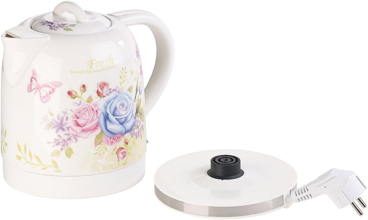 Rosenstein & Söhne Wasserkocher Blumen: Keramik-Wasserkocher mit Blumenmuster, 1,7 Liter, 1.500 Watt