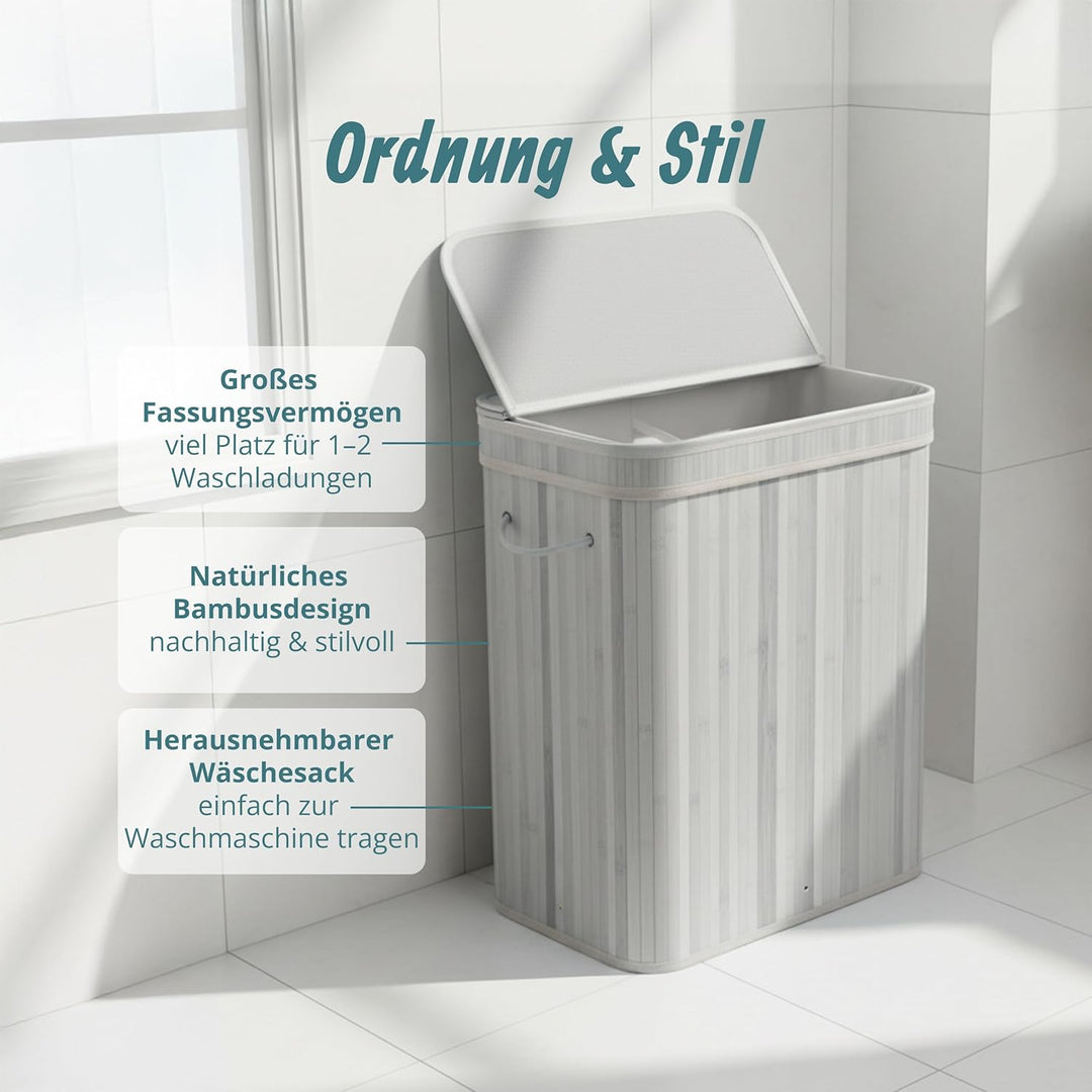 Relaxdays Wäschekorb mit Deckel, Bambus, 100 l, 2 Innenfächer, HxBxT: 63 x 52 x 32 cm, Badezimmer Wä