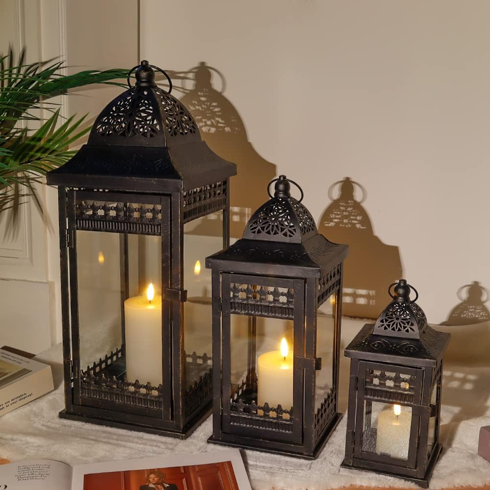 JHY DESIGN 3er-Set Kerzen Laternen 51&37&24cm Hohe Hängen Metall Dekorative Kerzenhalter Glas Garten