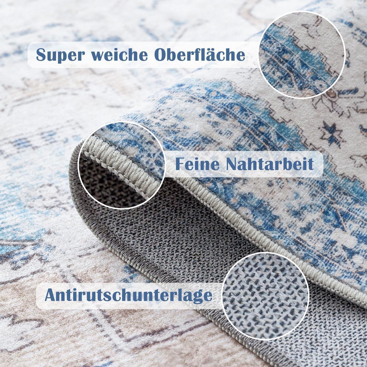 TOPICK Teppich 90x150cm Fussmatte Waschbar Fussmatte Innen Kurzflor Retro Blau Blume Orientalischer