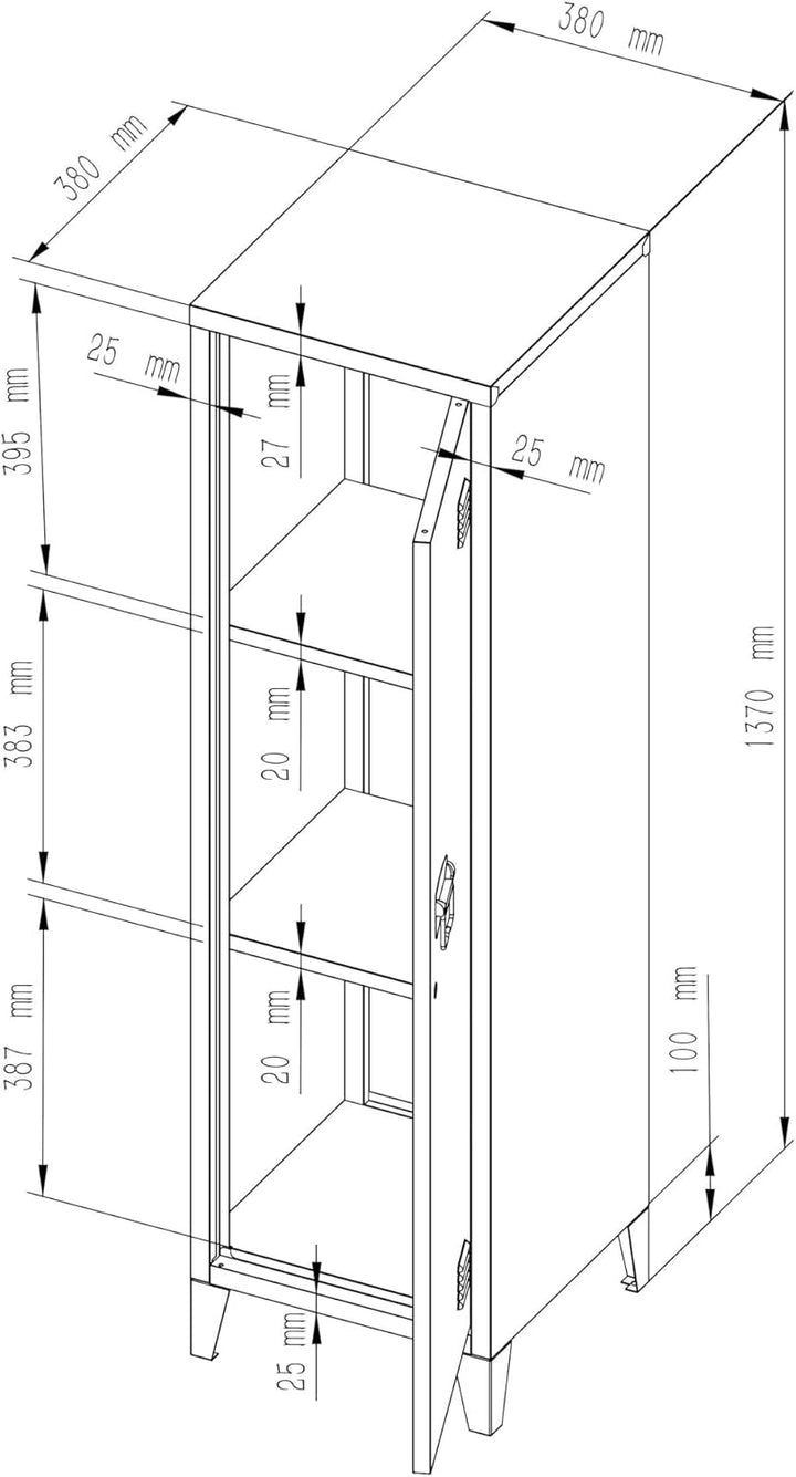 [en.casa] Einzelspind Kurikka Metallspind mit 2 Ablagen 137 x 38 x 38 cm abschliessbar Schliessfachs
