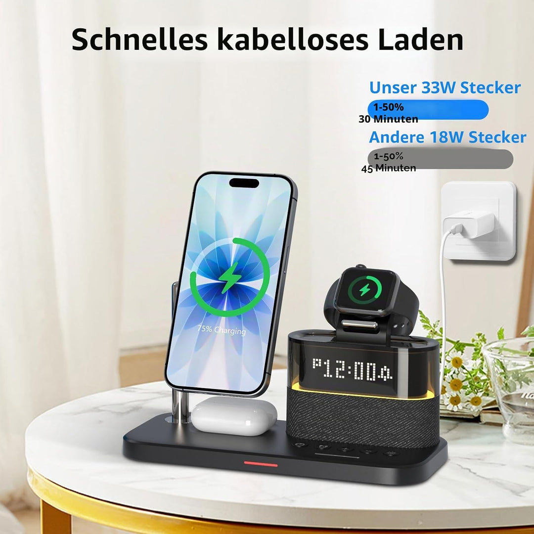 5-in-1-Kabellader mit Wecker, kabellose LadeStation mit Nachttischlampe kompatibel mit iPhone 17 16