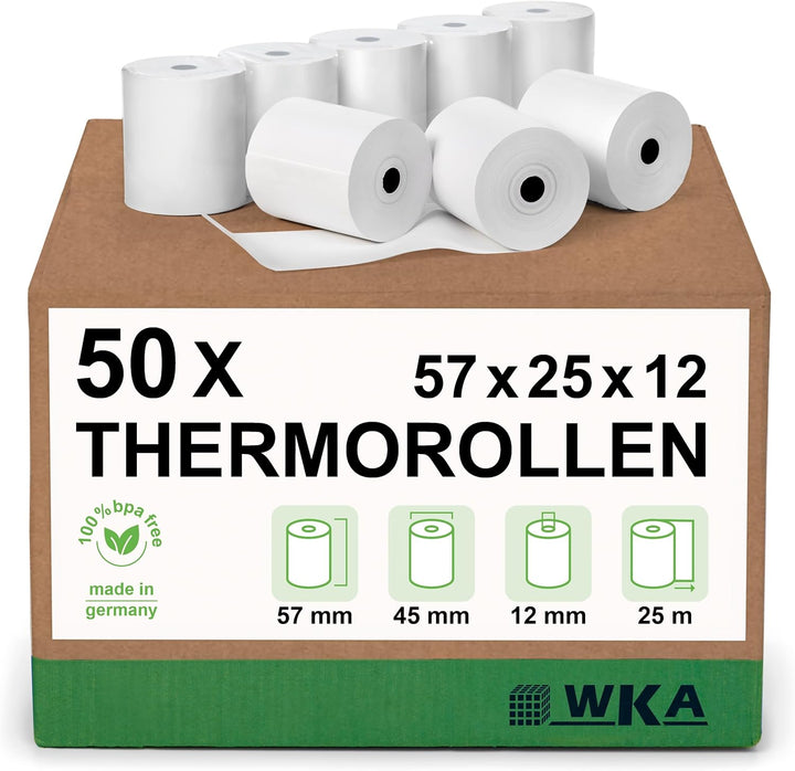 50 Thermorollen 57mm x 25m x 12mm Ø 46 mm Bonrollen, Kassenrollen, Thermo-Bonrollen, EC-Cash Rollen