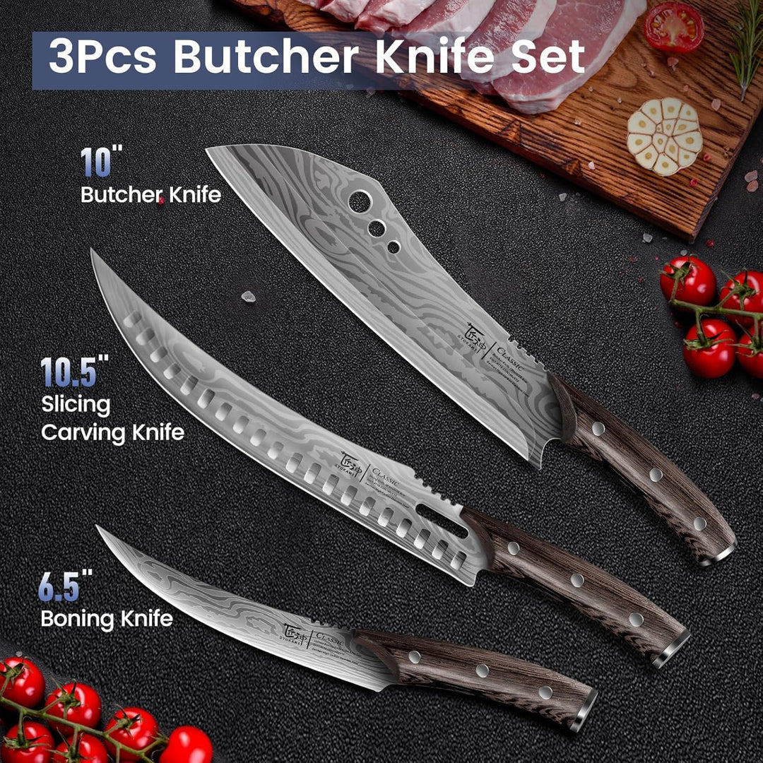 Fleischermesser Set, 3-teilig, Küchenmesser zum Schneiden von Fleisch, Hackmesser, Ausbeinmesser & Z