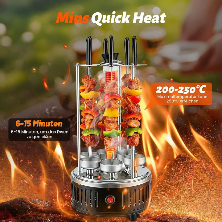 Elektrischer BBQ Tischgrill Vertikalgrill aus Edelstahl, Schaschlikgrill mit 12 Spiessen und 2 Glasr