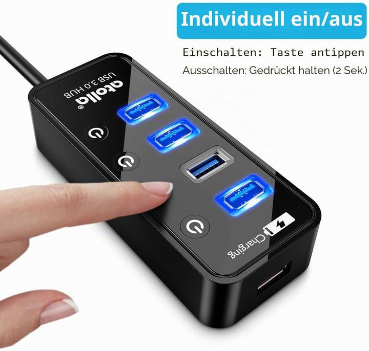 Atolla USB 3.0 Hub mit Strom versorgt, USB Hub mit 4 Ports Steckdosenleiste mit individuellen EIN-/A