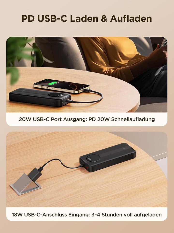 Aioneus 20000mAh Power Bank with Built-in USB-C &amp; Lightning Cables, Portable Charger Fast Charging B