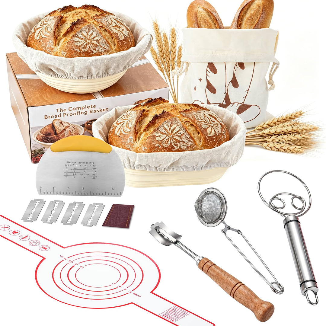 Brotgärkorb Set 10 teilig Silikon – rund 23cm & oval 25cm Gärkorb für Sauerteig, Brotbackset mit Tei