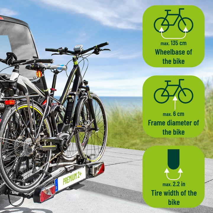 EUFAB 11523 Fahrradträger PREMIUM 2 Plus, E-Bike geeignet, für grosse Heckklappen, komplett vormonti