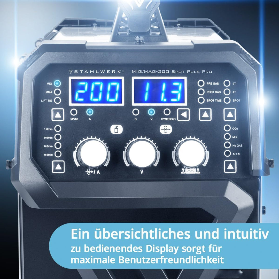 STAHLWERK Schweissgerät MIG MAG 200 Spot Puls Pro, Vollsynergischer IGBT Inverter, 5 in 1 Kombigerät