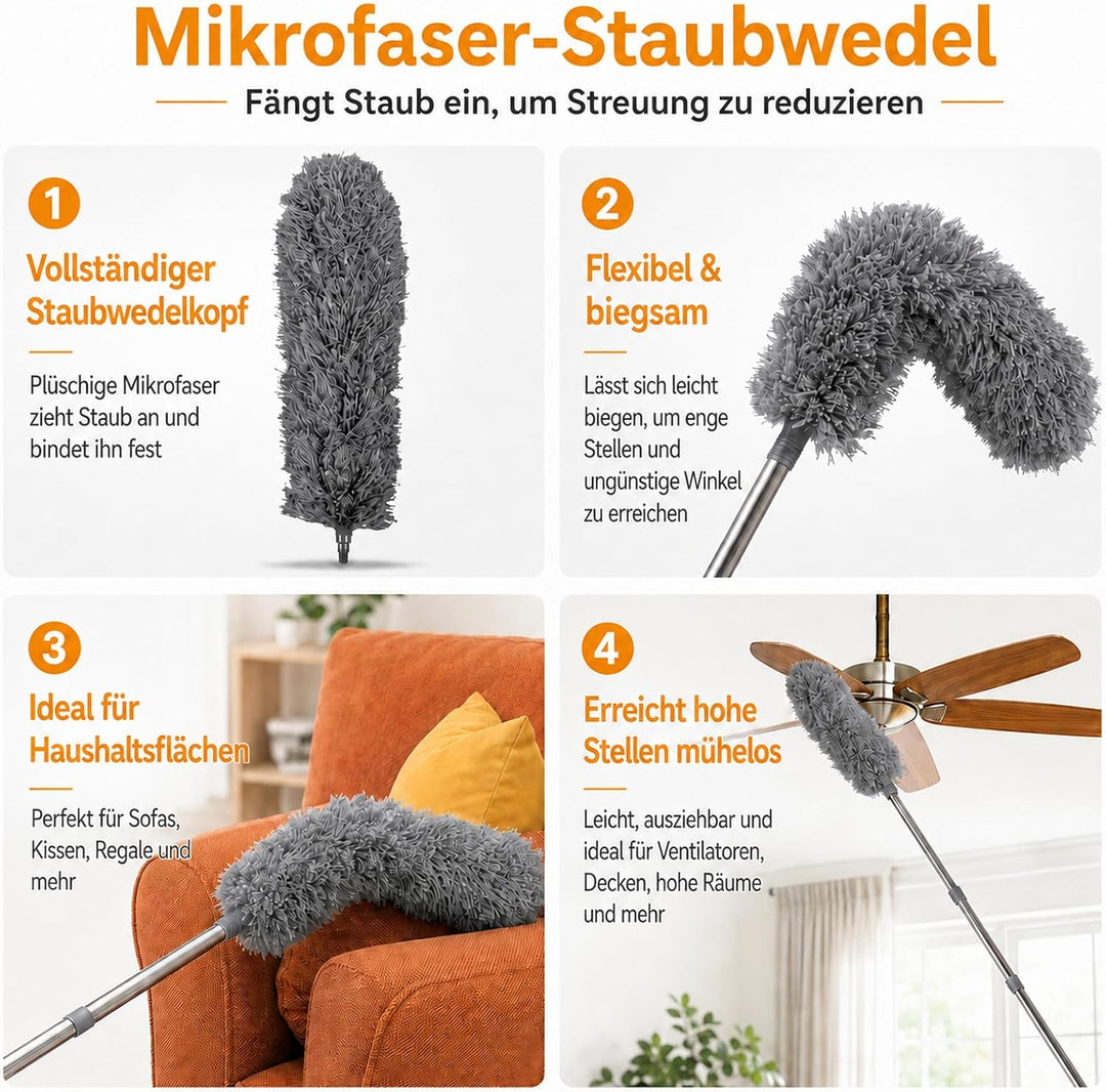 Terafeels 310 cm Staubwedel Lang Teleskop Waschbar, mit 1 Biegbare Eckbesen und 1 Spinnenwebenentfer
