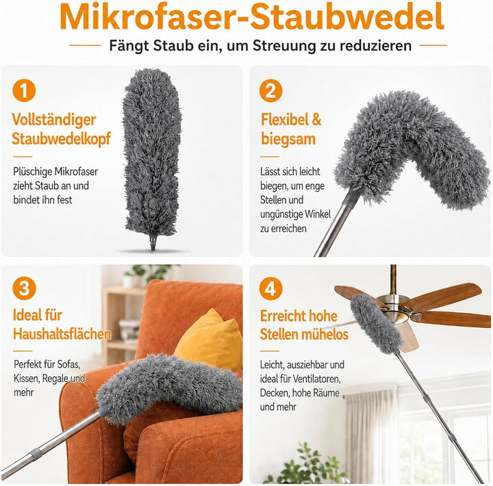 Terafeels 310 cm Staubwedel Lang Teleskop Waschbar, mit 1 Biegbare Eckbesen und 1 Spinnenwebenentfer