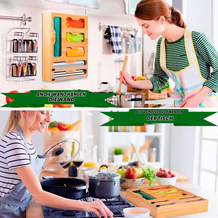 LudoHome Folien- und Bambusfolienspender mit Schneidemaschine, Gefrierbeutel-Organizer, 6-in-1 Küche