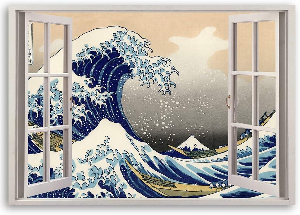Feeby Wandbild Fenster-Illusion Druckbild Leinwandbild Wellen Blau 90x60 cm Leinwandbild 90x60 cm Bl