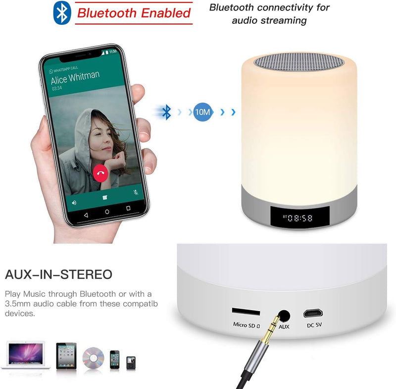 Warmfunn LED Nachttischlampe Touch Atmosphäre Tischlampe Bluetooth Lautsprecher Wecker LED Nachtlich