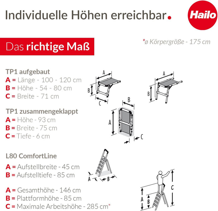 Hailo Stehleiter L80 ComfortLine im Set mit TP1 Treppenpodest - klappbare Aluleiter mit 4 XXL-Sicher