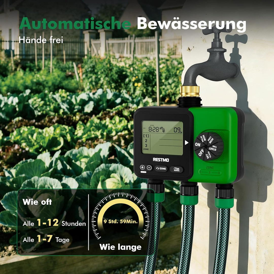 RESTMO 3 Zonen Bewässerungscomputer, grosses Display bewässerungsuhr, automatisch/manuell/Regenverzö