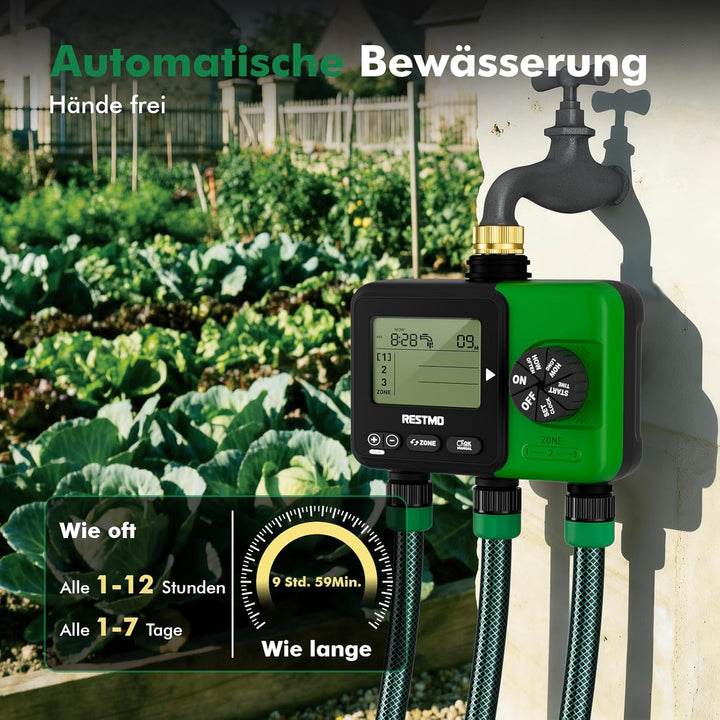 RESTMO 3 Zonen Bewässerungscomputer, grosses Display bewässerungsuhr, automatisch/manuell/Regenverzö