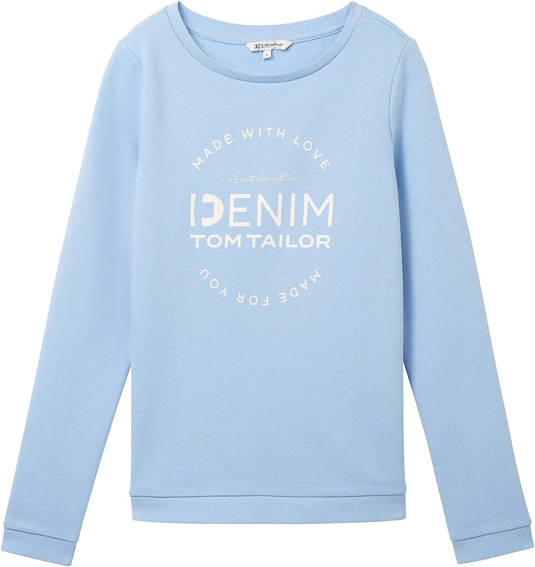 TOM TAILOR Denim Damen Sweater mit Logo-Print & Raffarm M 11139-soft Charming Blue, M 11139-soft Cha