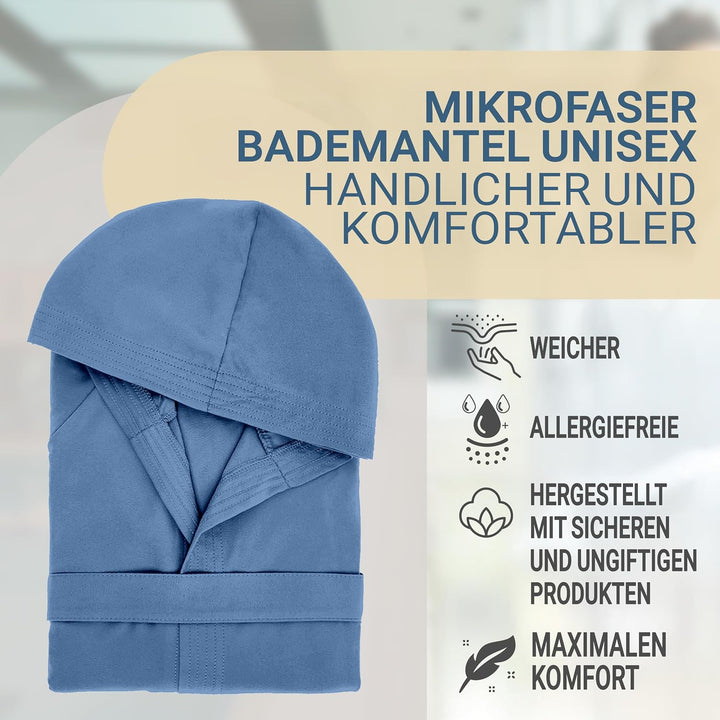 Dorian Home Bademantel aus Mikrofaser für Herren und Damen, Unisex, mit praktischen Taschen und Kapu