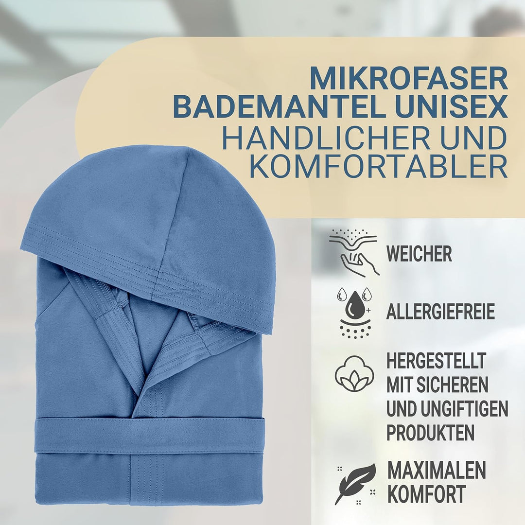 Dorian Home Bademantel aus Mikrofaser für Herren und Damen, Unisex, mit praktischen Taschen und Kapu