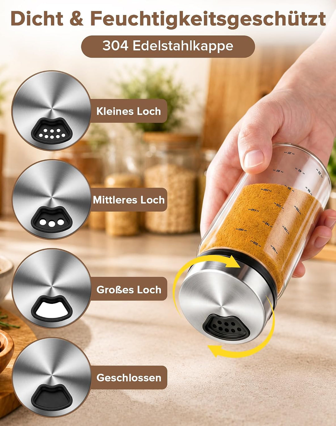 5 Stk Gewürzgläser mit Drehdeckel, Borosilikatglas Gewürzstreuer | 200ml Gewürzgläser Glas Rund mit