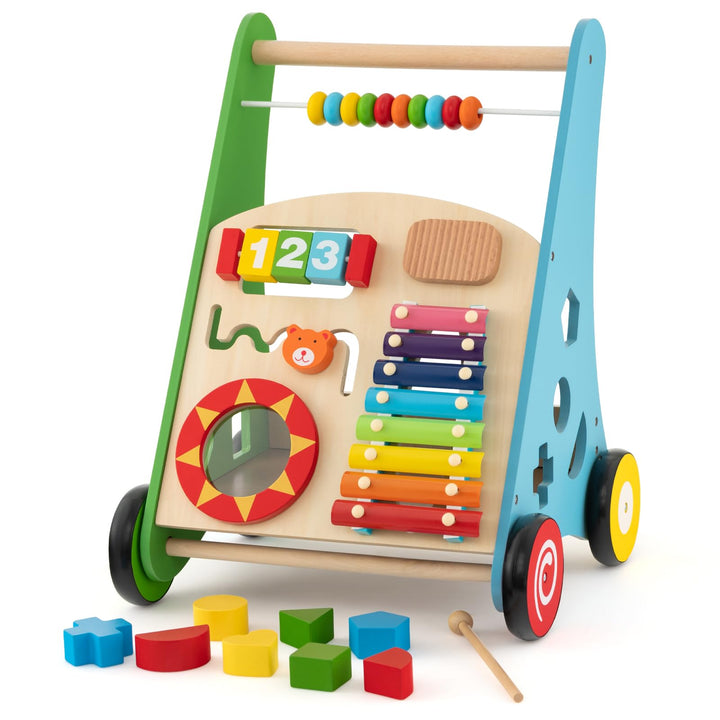 DREAMADE Lauflernwagen Holz, Lauflernhilfe ab 1 Jahr, Baby Gehhilfe mit Spiegel &amp; Spielzeug, Gehfrei