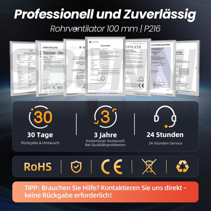Rohrventilator 100mm – Bidirektionaler Ventilator, 6-Stufen Lüfter, 433MHz Fernbedienung, Inline Abl
