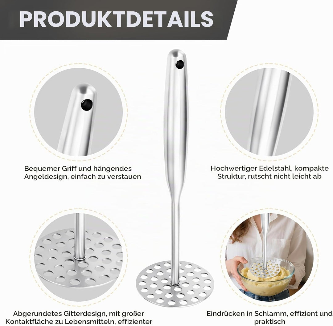 Kartoffelstampfer Edelstahl 25,3 cm mit Langem Griff,Stampfer Küche,Potato Masher für Spülmaschinenf