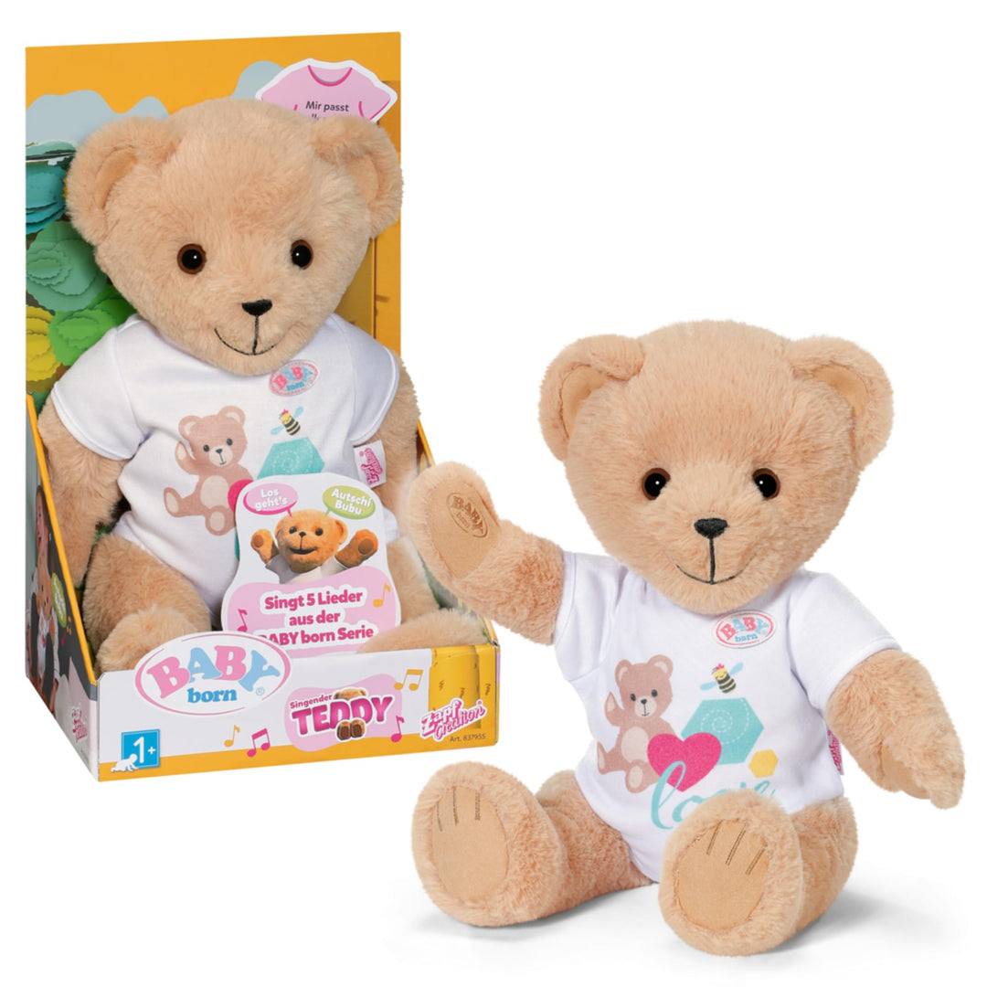 BABY born Singender Teddy, Plüschbär mit Soundfunktion, weissem Strampler und beweglichen Armen und